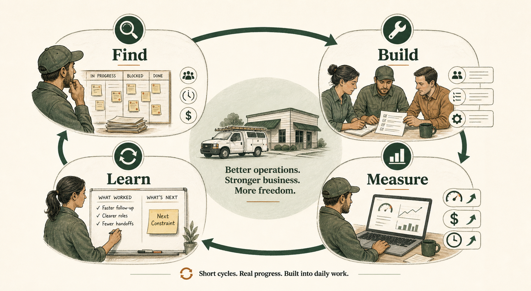 A visual showing Grove's find, build, measure, and learn operating improvement cycle.